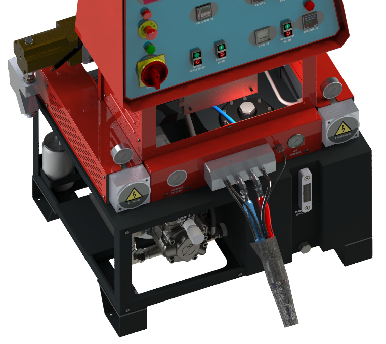 Vista detalle de conexiones de máquina hidráulica de proyección de poliurea modelo CHL 400