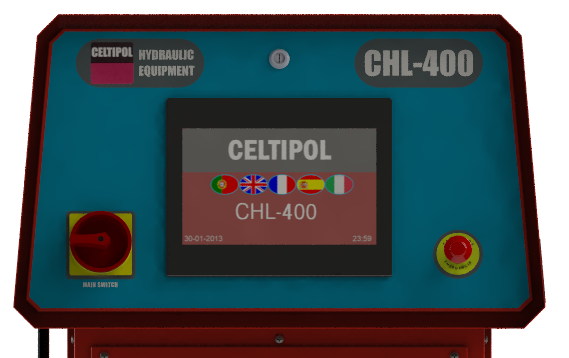 Vista detalle de mandos de máquina hidráulica CHL 400 con pantalla